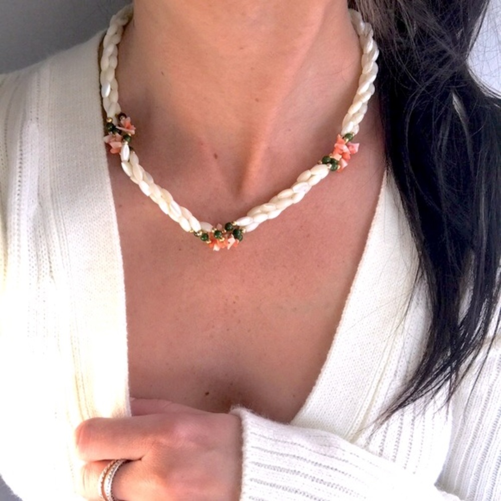 Vintage Semi Precious Mother Of Pearl Necklace Pink Coral Accents and Green Jade